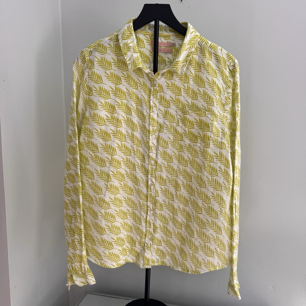 John Lewis Linen Shirt Womens‎ 18 Yellow Leaf Print Button Front Long Sleeve Top